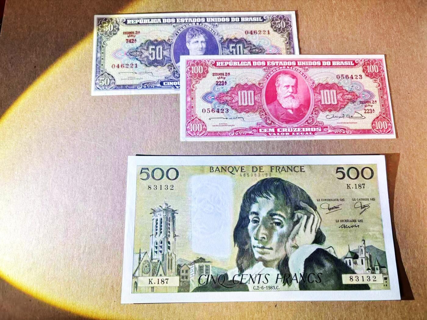 【Blue Auction】世界纸币精拍第788期——18级TOP拍卖/信誉/品质/专业/高效💫 【一组3张 含无47】法国 1983年500法郎 UNC-&巴西 50-100克鲁塞罗 含乱蛇号 品相如图