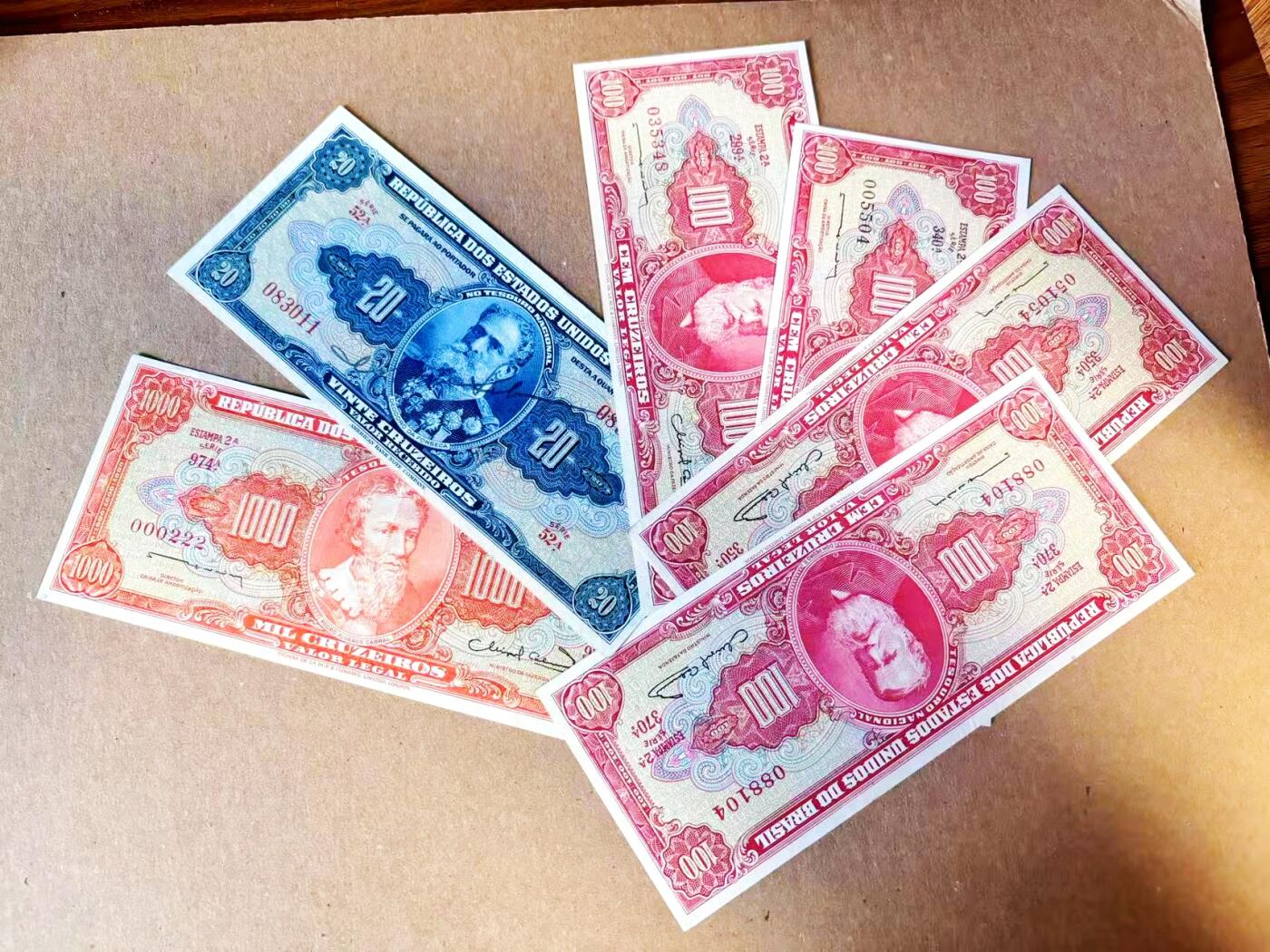 【Blue Auction】世界纸币精拍第788期——18级TOP拍卖/信誉/品质/专业/高效💫 【一组6张 含手签版 含222豹子小号】巴西 100-1000克鲁塞罗 品相如图