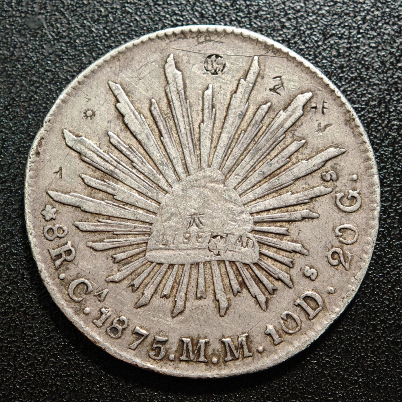 【德藏】世界币章拍卖第167期（拍品征集中~欢迎藏友联系） 1875年 墨西哥8R鹰洋银币 有戳 900银 直径约：39.1mm；重约：26.5g