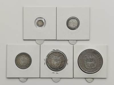 博洋堂世界钱币拍卖第162期（全场包邮） 巴拿马1904年2.5分珍珠币-50分大银币5枚大全套