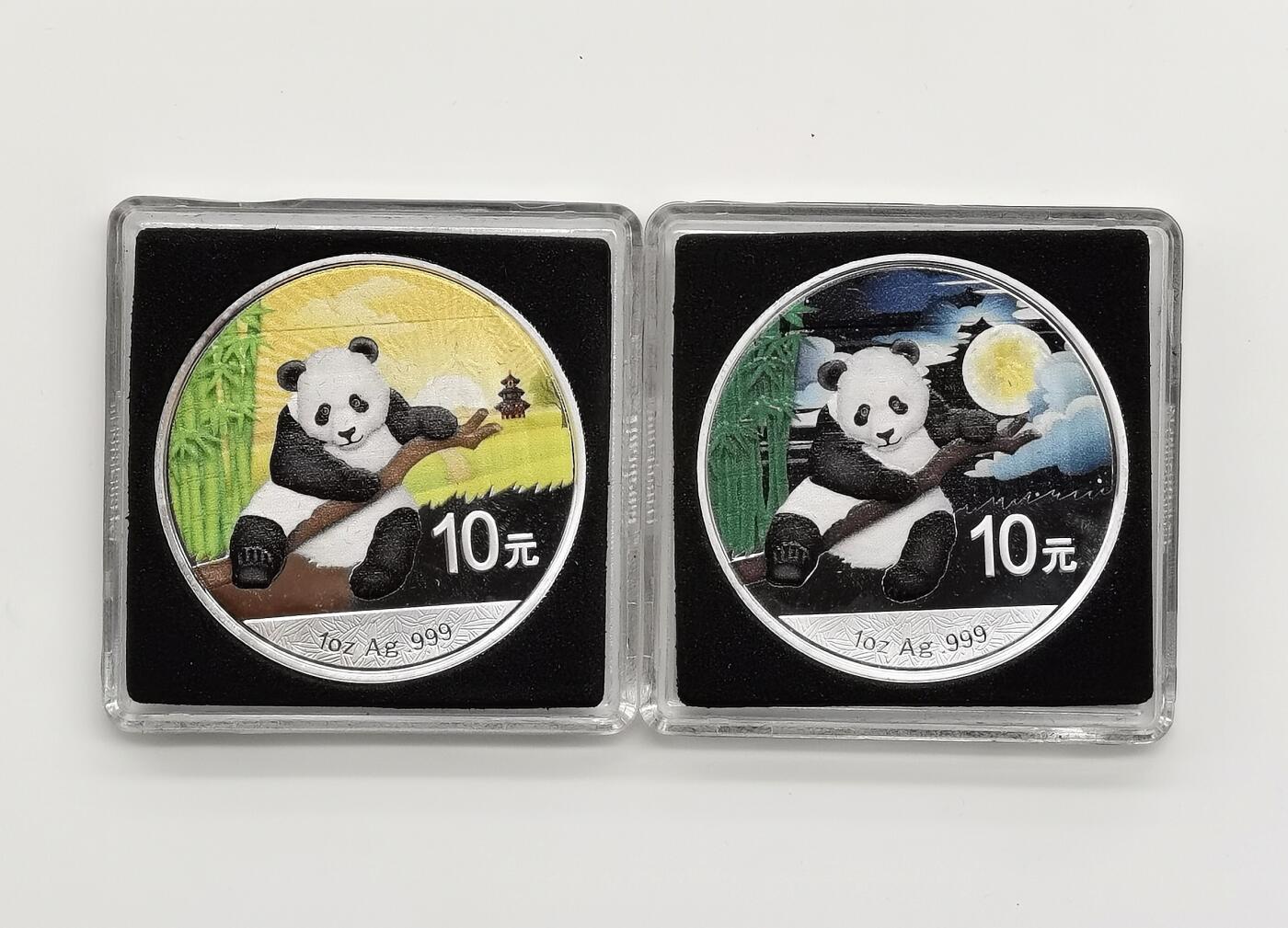 博洋堂世界钱币拍卖第162期（全场包邮） 中国2014年2X10元彩色普制银币套 2014年熊猫套-黑夜和白天 2x1盎司 发行量：2500套 盒证全