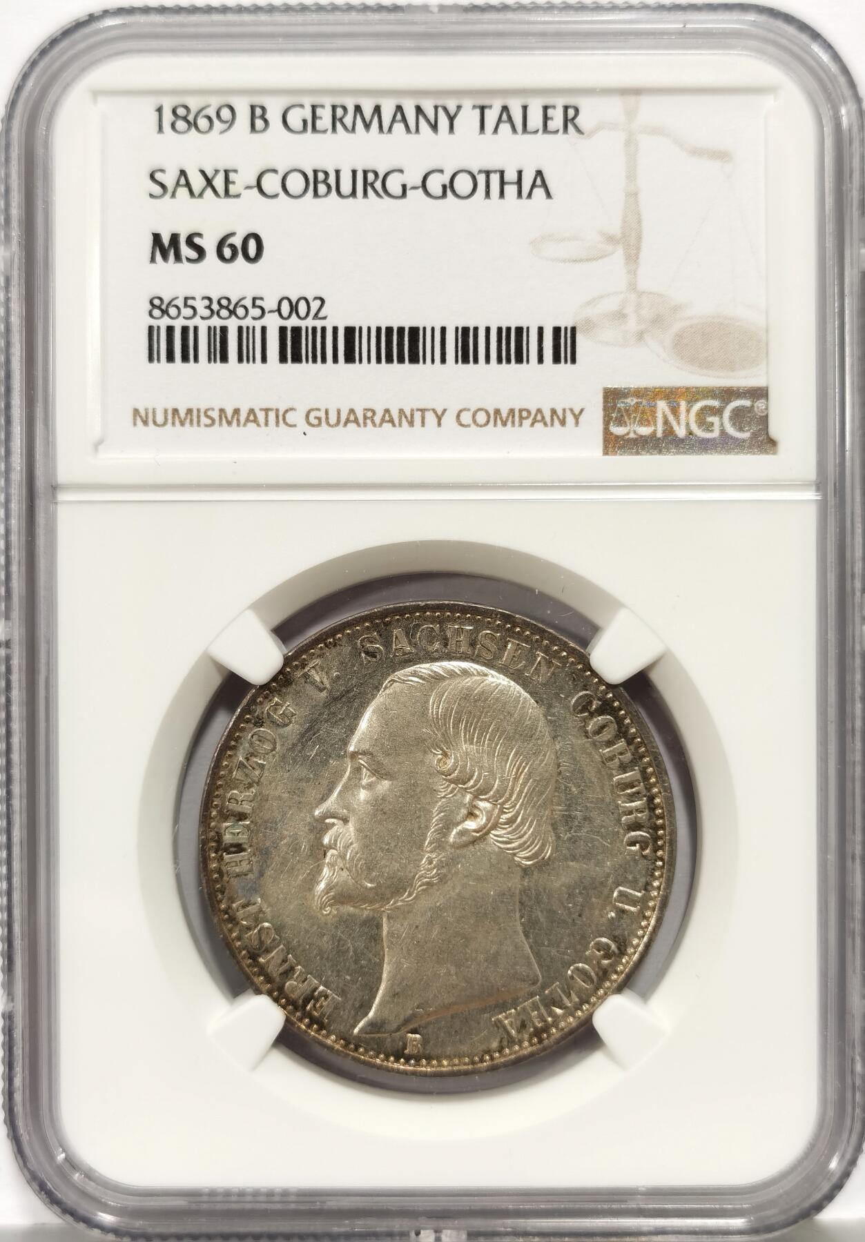 博洋堂世界钱币拍卖第162期（全场包邮） NGC MS60 德国萨克森-科堡-哥查1869年纪念1泰勒银币 极罕见小邦品种，UNC没分此前都拍到2500了，有分极为难得。此枚有很不错的类镜面效果，目测接近精制状态，重评或许有惊喜。细节极佳，60分也是一个非常罕见的分数，趣味十足。