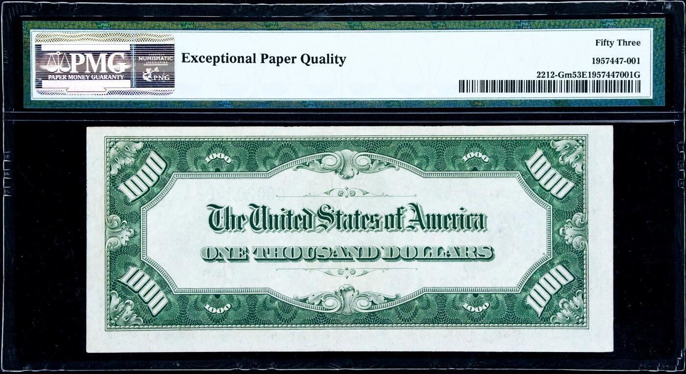 【Blue Auction】世界纸币精拍第788期——18级TOP拍卖/信誉/品质/专业/高效💫   【芝加哥Mule版 上涨品种】美国 1934年1000美金 普通玩家可收藏的最高面值美金 永久可兑换非常保值 PMG53EPQ 近新原票 正面人像前总统克利夫兰 当时一辆车也就小几百美金 该面值购买力爆炸（1934年1月罗斯福政府通过了《黄金储备法案》，禁止私人储藏黄金，1盎司黄金=35美元）老壳 （22年55分无E该版本拍了6600美金 这张带E更好）