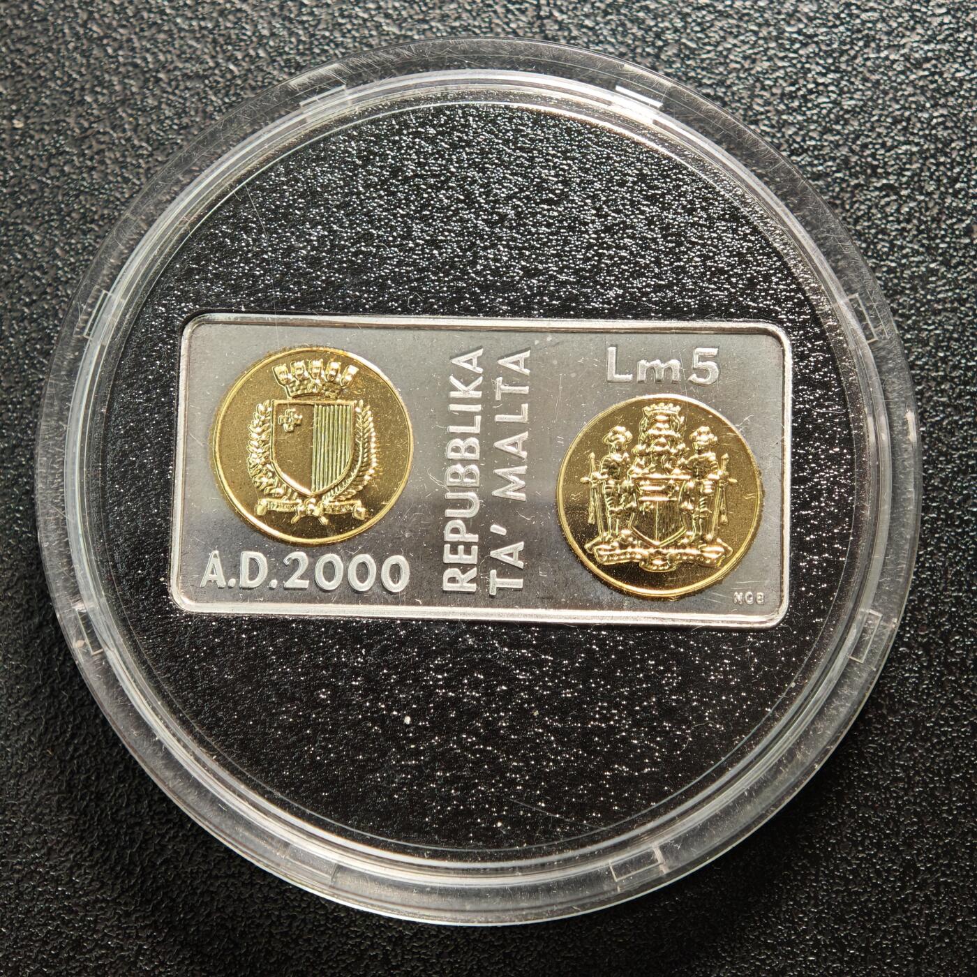 【德藏】世界币章拍卖第167期（拍品征集中~欢迎藏友联系） 2000年 马耳他千禧年5里拉矩形纪念银币 925银 直径约：40mm×20mm；重约：15.2g