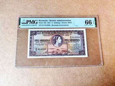 【Blue Auction】世界纸币精拍第788期——18级TOP拍卖/信誉/品质/专业/高效💫 - 百慕大 1957年5先令 BWC出品 满版水印 年轻女王侧面像 PMG66EPQ