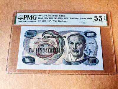 【Blue Auction】世界纸币精拍第788期——18级TOP拍卖/信誉/品质/专业/高效💫 - 【无47 名家旧藏】奥地利 1961年1000先令 卡普兰 PMG55EPQ 原票 经典品种