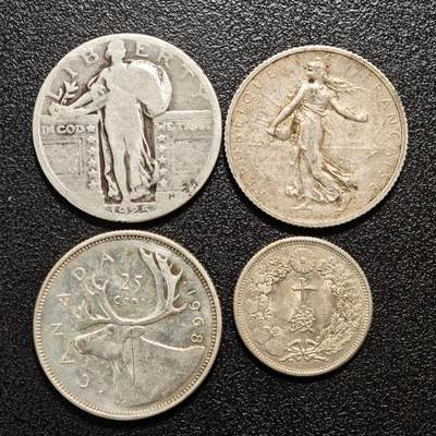 【德藏】世界币章拍卖第167期（拍品征集中~欢迎藏友联系） - 4枚一组 1925年 美国25分银币 及 1915年 法国1法郎银币 及 1968年 加拿大25分银币 及 1917年 日本大正六年十钱银币 本组总重约：19g