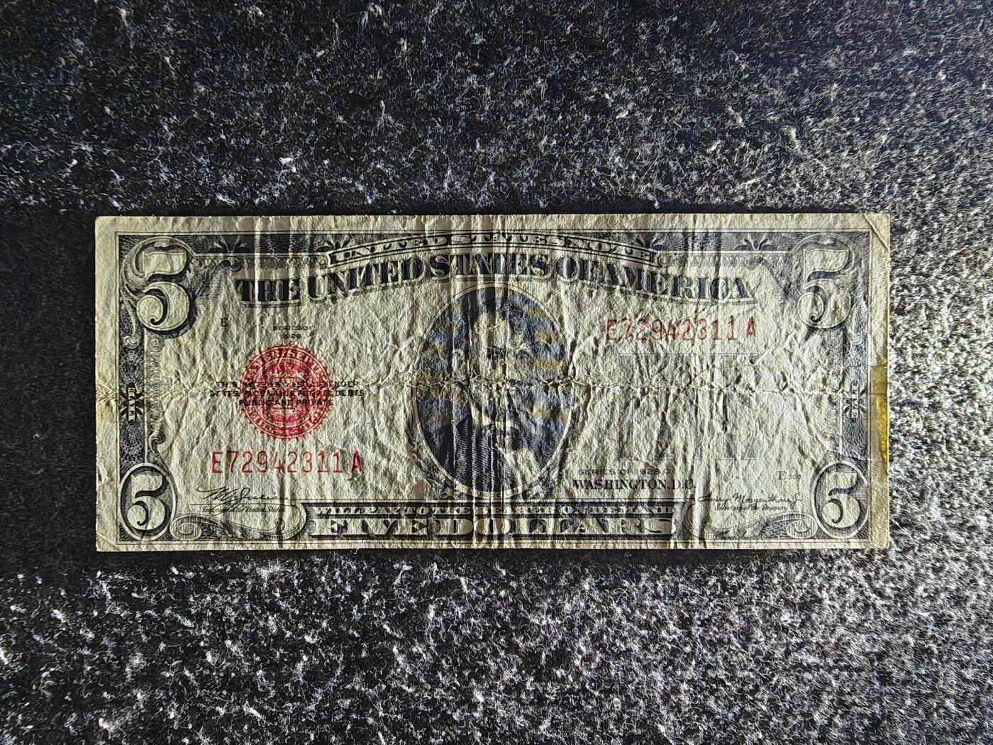 【礼羽收藏】🌏世界钱币拍卖126期 【旧票】【E72942311A】美洲 美国 1928年C序列A 5美元 红色库印