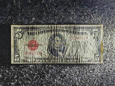 【礼羽收藏】🌏世界钱币拍卖126期 - 【旧票】【E72942311A】美洲 美国 1928年C序列A 5美元 红色库印