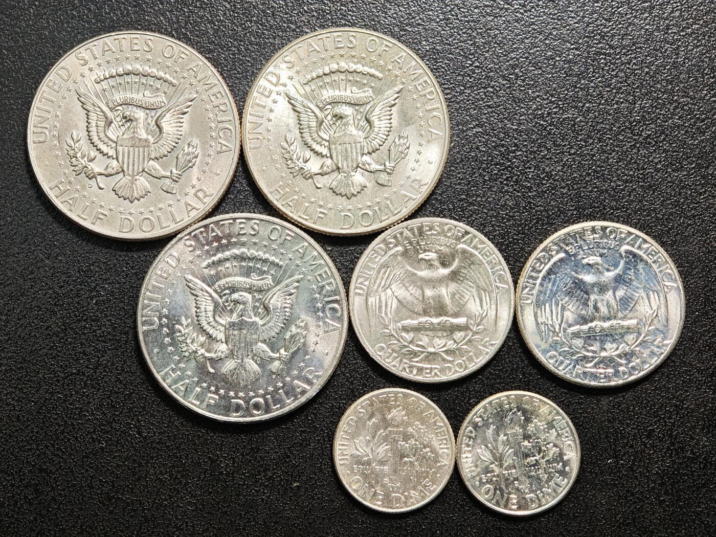 【德藏】世界币章拍卖第167期（拍品征集中~欢迎藏友联系） 7枚一组 1964年 美国10分25分半元银币 900银 本组总重约：54.7g