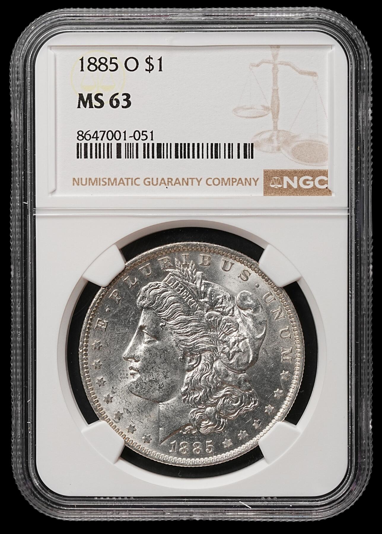 修遠堂世界钱币第106期，请看参拍说明 NGC MS63 1885年美国摩根大银币 O厂铭