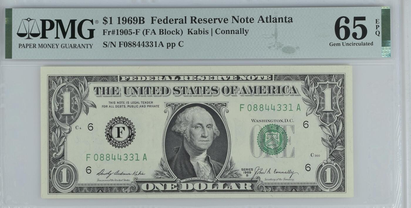 【礼羽收藏】🌏世界钱币拍卖126期 【稀少分区F 亚特兰大 首发A冠】1969B年 1美 PMG65E 