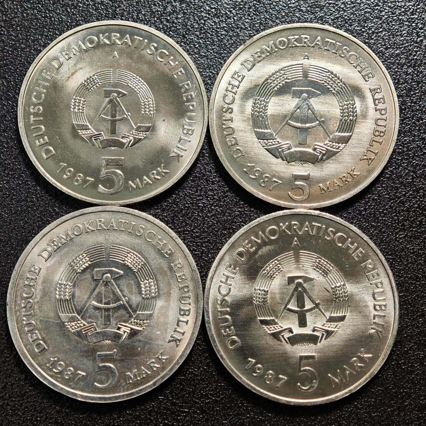 【德藏】世界币章拍卖第167期（拍品征集中~欢迎藏友联系） 4枚一组 1987年 东德世界时钟5马克纪念镍币 及 1987年 东德柏林750周年5马克纪念镍币3枚