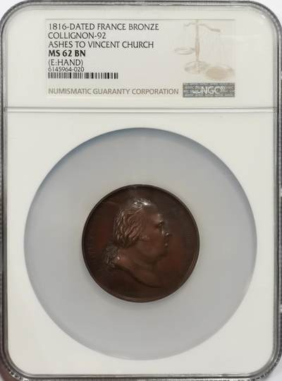 博洋堂世界钱币拍卖第162期（全场包邮） - NGC MS62BN 法国宗教庆典仪式-1816年圣人遗骨从世俗之地迁入神圣教堂纪念铜章 正面路易十八头像 手指边铭 加大盒