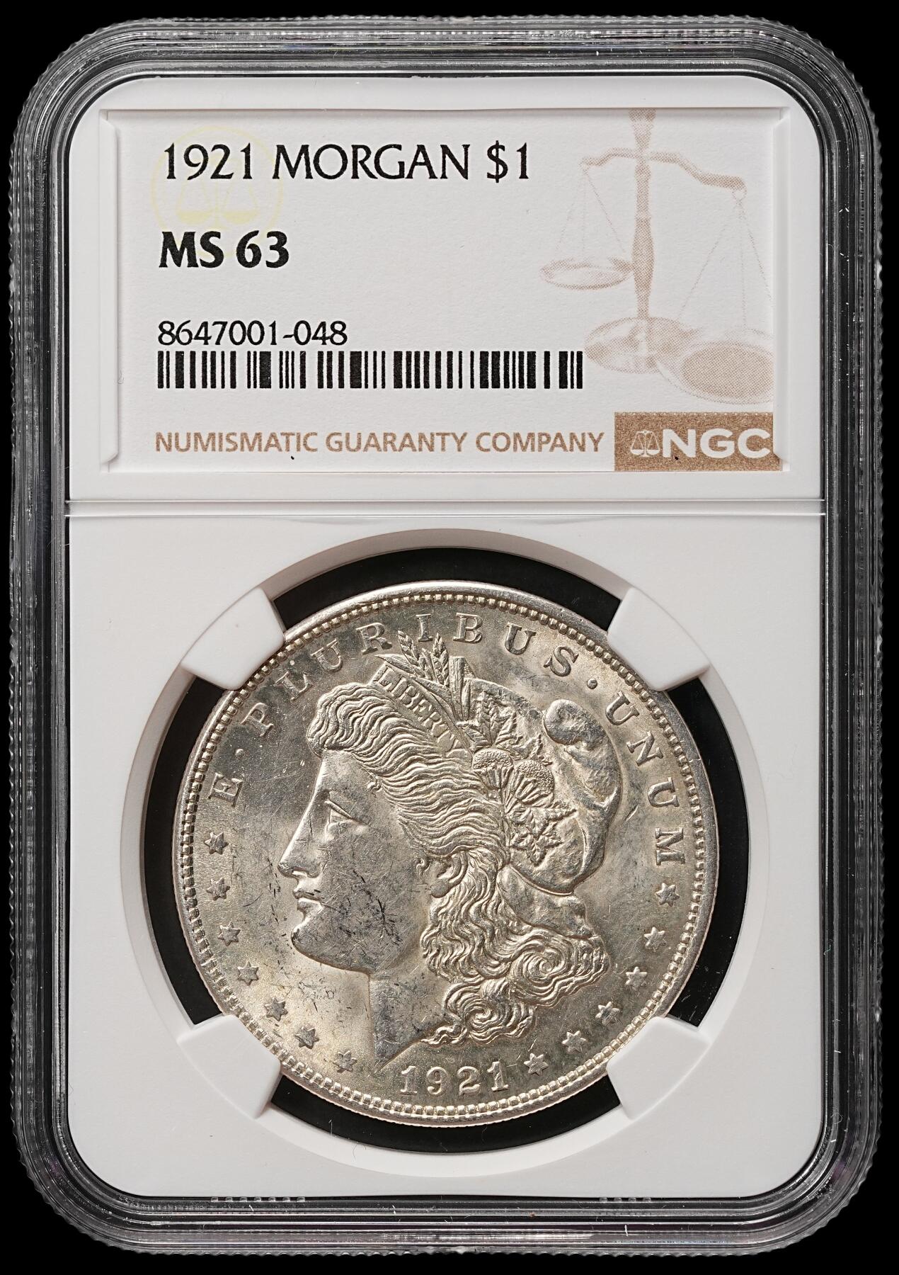 修遠堂世界钱币第106期，请看参拍说明 NGC MS63 1921年美国摩根大银币