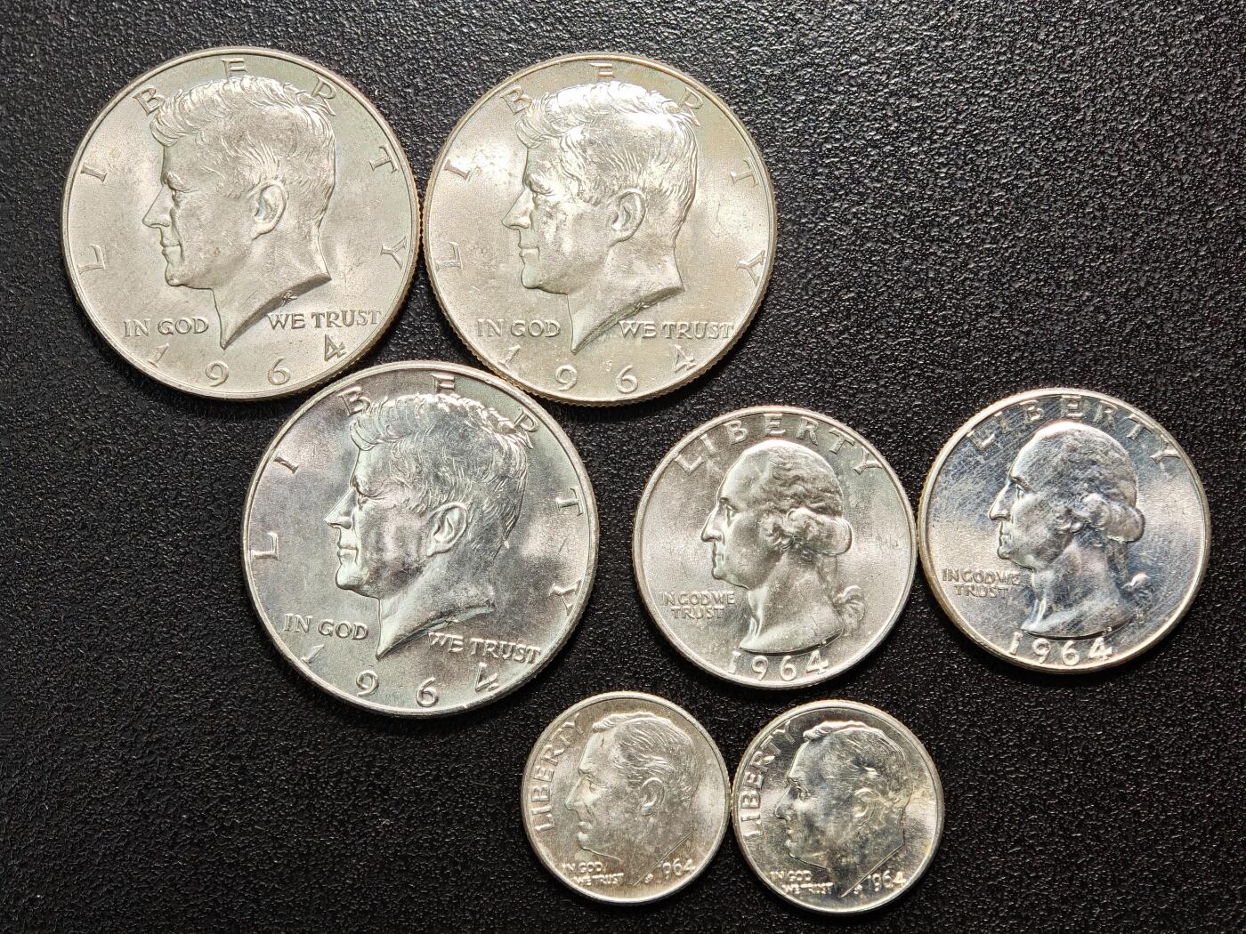 【德藏】世界币章拍卖第167期（拍品征集中~欢迎藏友联系） 7枚一组 1964年 美国10分25分半元银币 900银 本组总重约：54.7g