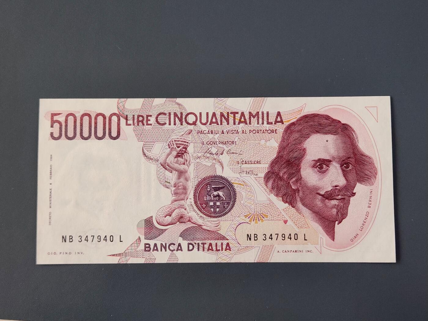 2月26号晚上8点 外国纸币自动截拍第31场 意大利50000里拉 米开朗其罗像 1984年 AU近新