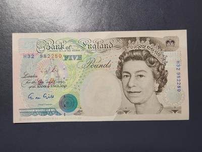 2月26号晚上8点 外国纸币自动截拍第31场 - 英国 纸币 1990版 5镑 E序列 首发年 A13版 G.M. Gill 斯蒂芬森