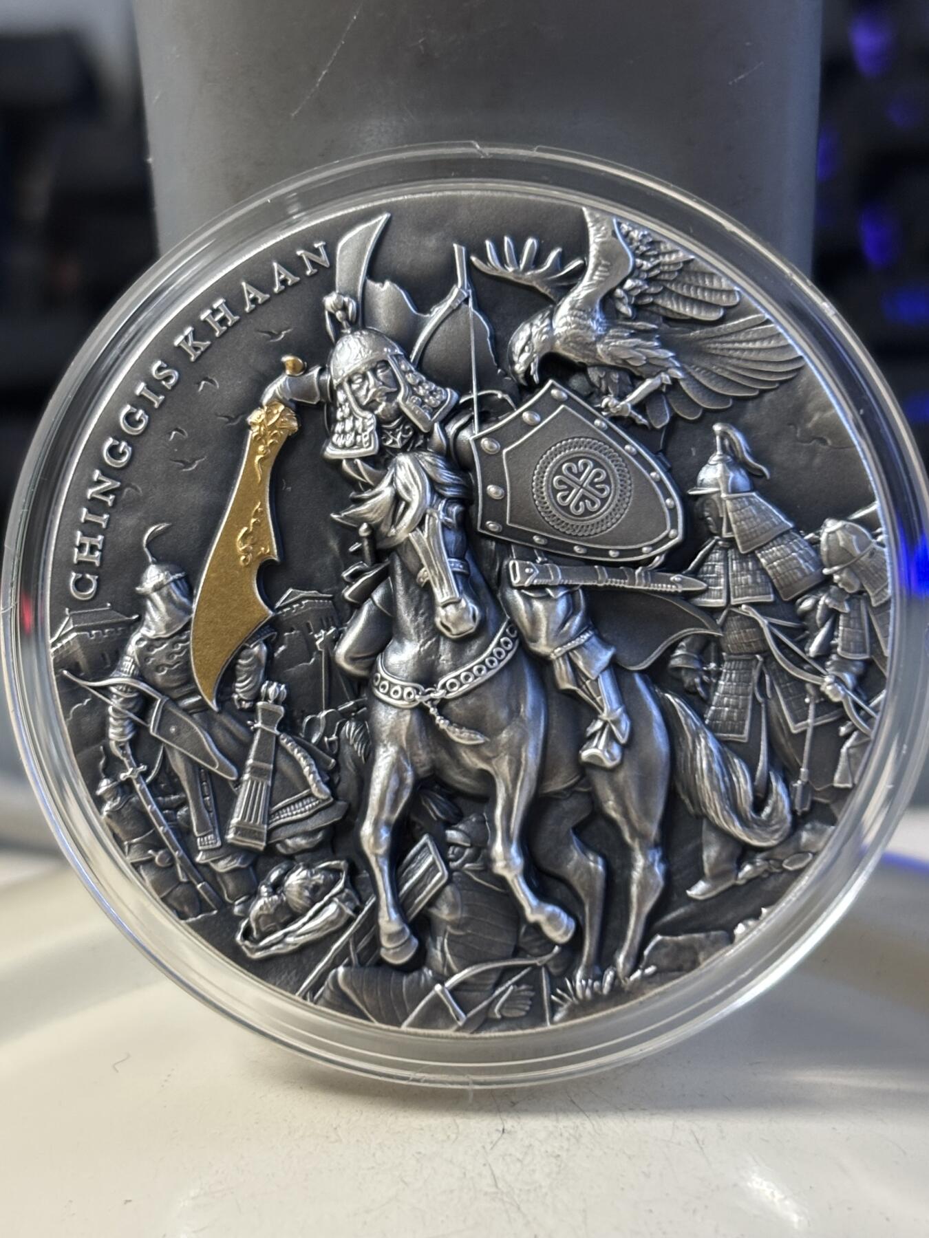 第191期拍卖 纽埃2019年5元仿古部分镀金银币 成吉思汗 2盎司999银 发行量：555 盒证全