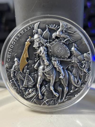 第191期拍卖 - 纽埃2019年5元仿古部分镀金银币 成吉思汗 2盎司999银 发行量：555 盒证全