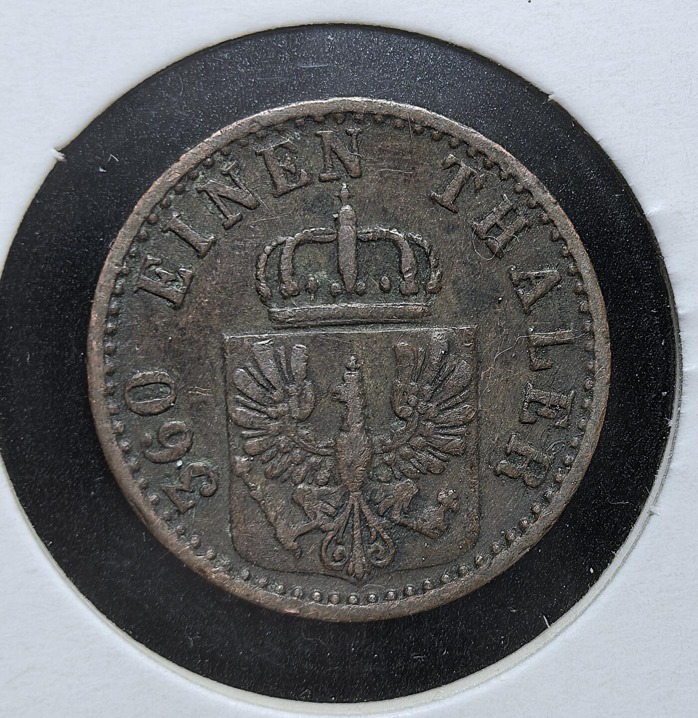 外国优质老铜币银币，正月十二晚九点倒数截拍，满百包邮可寄存，持续收拍 普鲁士1867年1 芬尼铜币，正面为普鲁士鹰徽，背面标注面值。发行于德意志统一前夕，是普鲁士主导德意志邦联、推动货币标准化的重要见证。