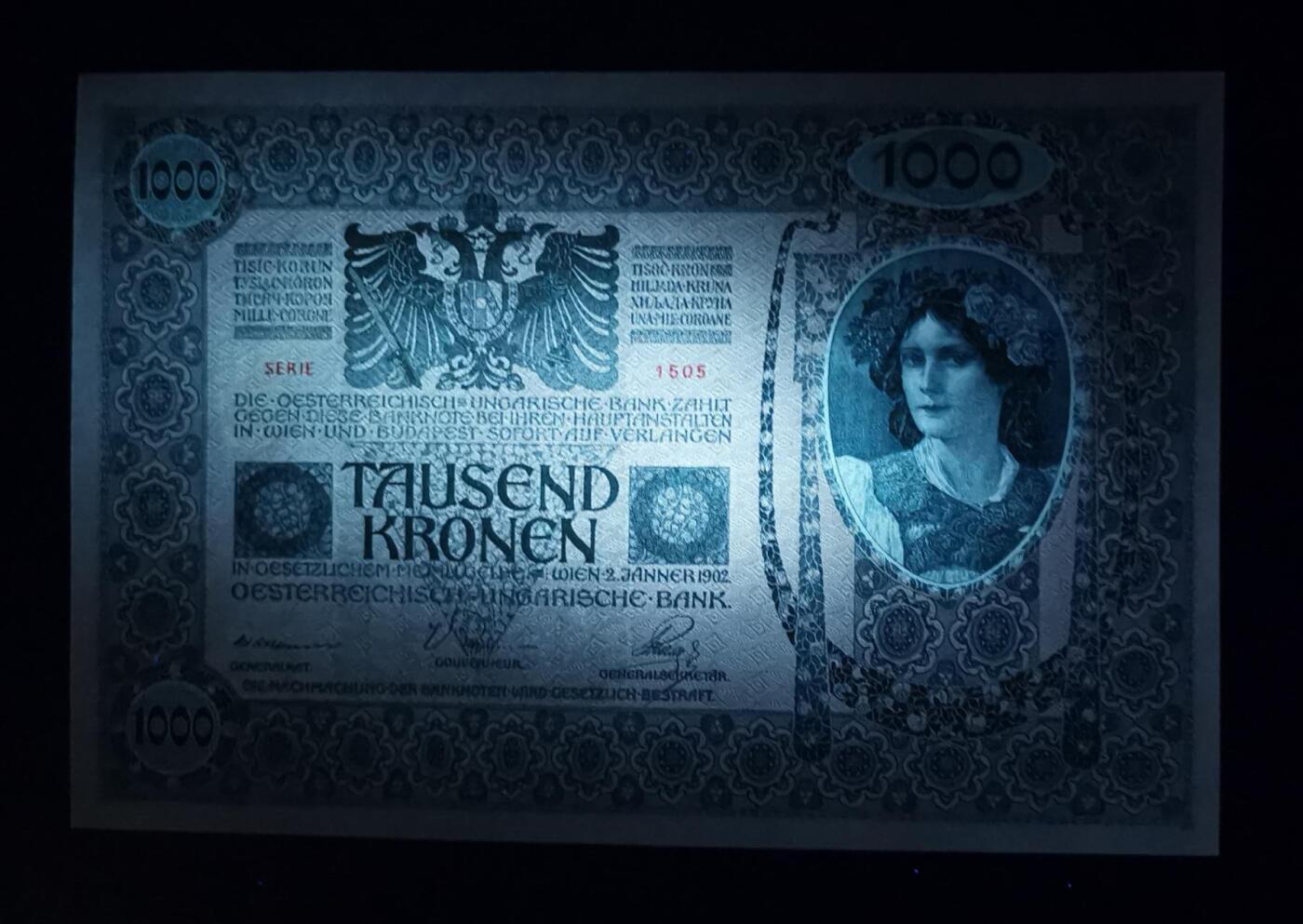 《艾美收藏》第234期-3.1周日外币精华场 奥地利(奥匈帝国)1902年1000克朗UNC无47 深色 角不太绝 原汁原味 百年老票全新品相难得 超大票幅