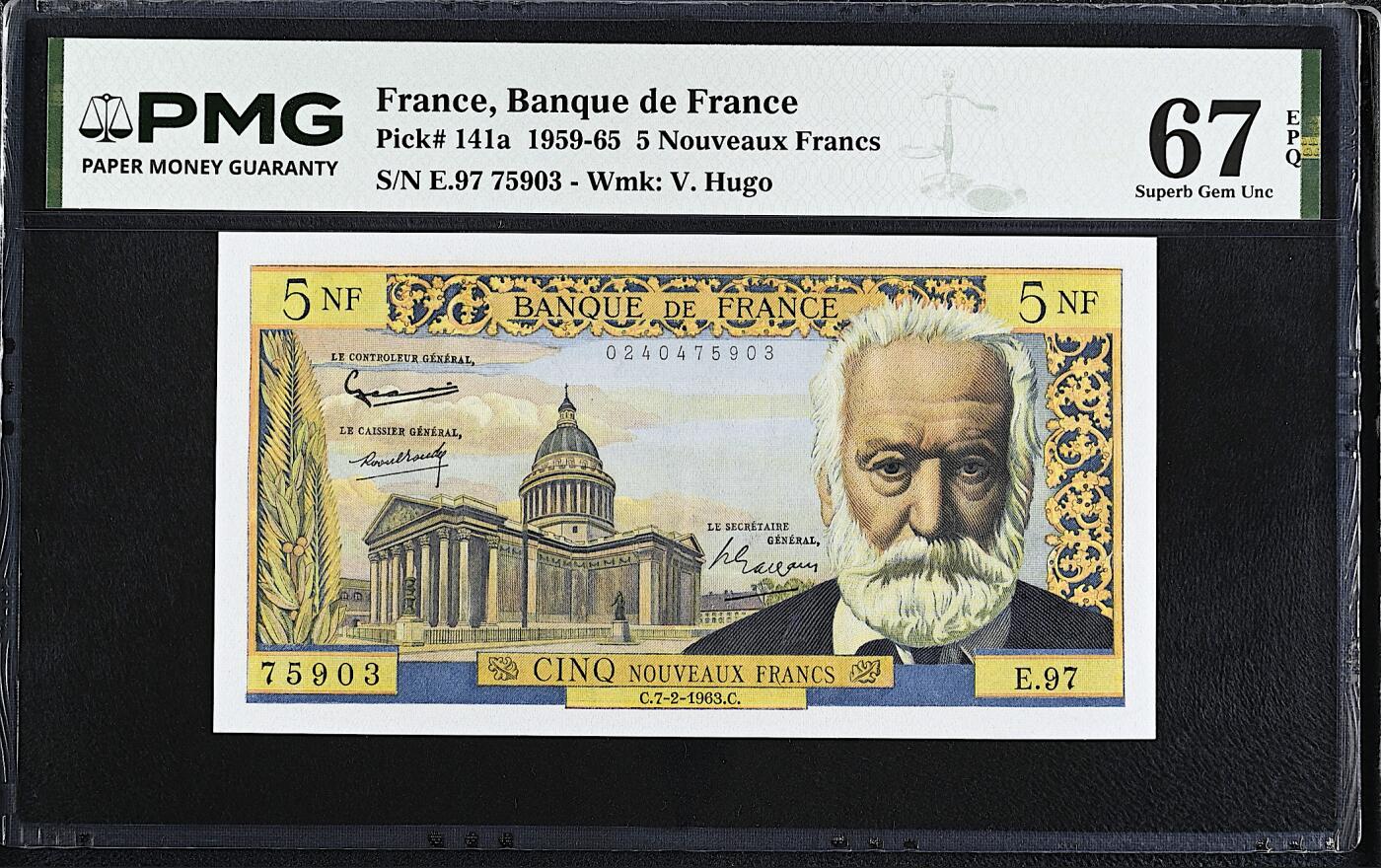 《艾美收藏》第234期-3.1周日外币精华场 法国5法郎 PMG67E 1963年 法国作家维克多·雨果 亚军分