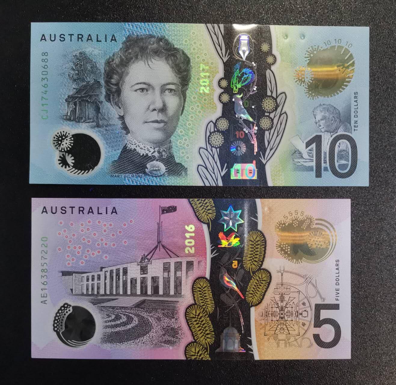 《艾美收藏》第234期-3.1周日外币精华场 (2张)澳大利亚2016年5元UNC-轻微角折/17年10元UNC Pick#62a/63a