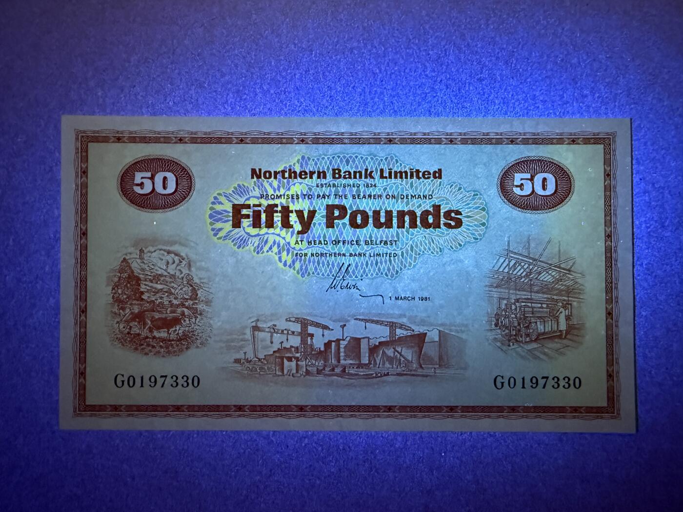 《艾美收藏》第234期-3.1周日外币精华场 北爱尔兰50镑 UNC 1981年 北方银行 橙色稀少版本 无4