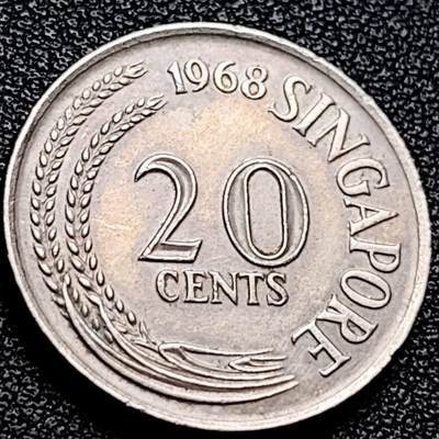泉币菌-第202场-新年第10场 本场拍品多 请提前出价（正月十五统一发货） - 高币值 1968年 新加坡20分 海洋动物-剑鱼 24mm 