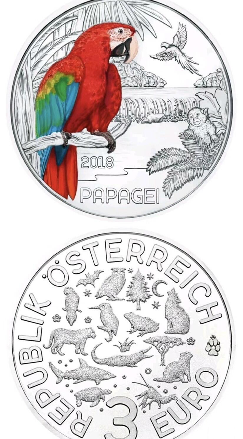 2018年奥地利鹦鹉夜光纪念币面值3欧元源泰评级封装