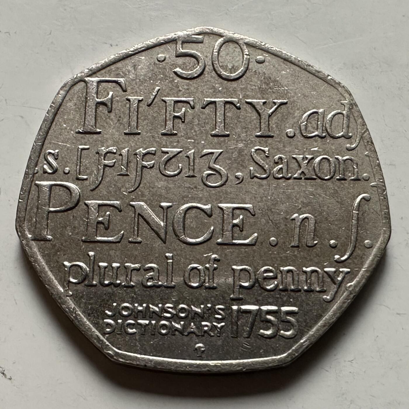 🌹外币初藏🌹🐯2026年第22场  每周二四六晚8️⃣点 接代拍 英国2005年约翰逊词典250周年50便士纪念币 b