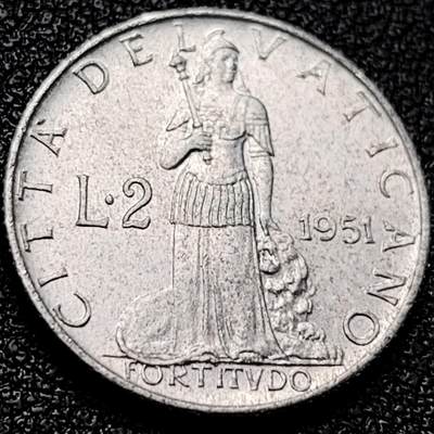 泉币菌-第202场-新年第10场 本场拍品多 请提前出价（正月十五统一发货） - 原光美品 梵蒂冈1951年2里拉铝币，庇护十二世，18.3mm