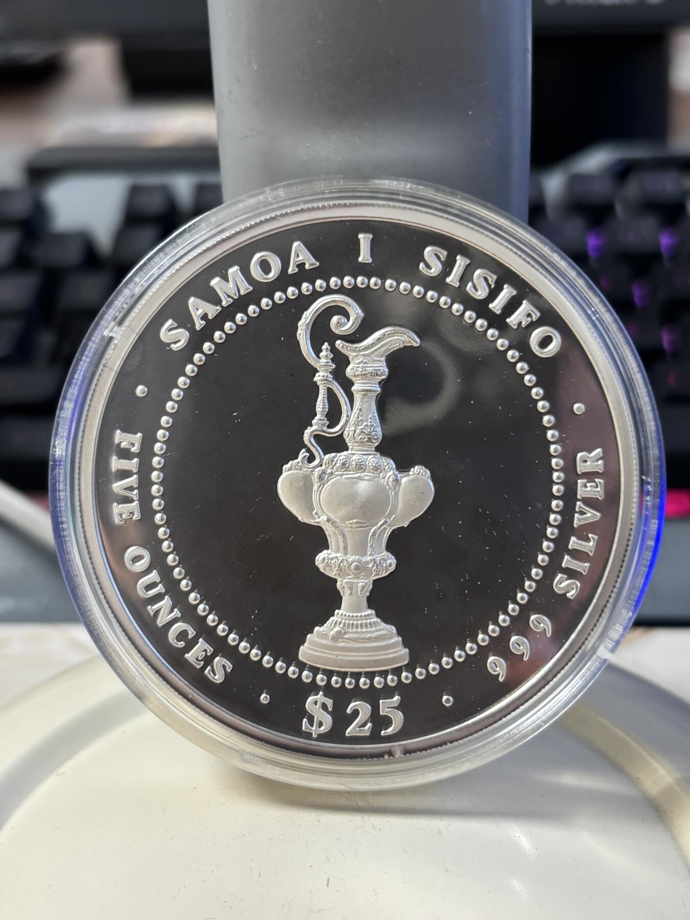 第191期拍卖 萨摩亚1987年25塔拉精制银币 美洲杯 5盎司999银 发行量：3900 盒证全（新加坡代铸）