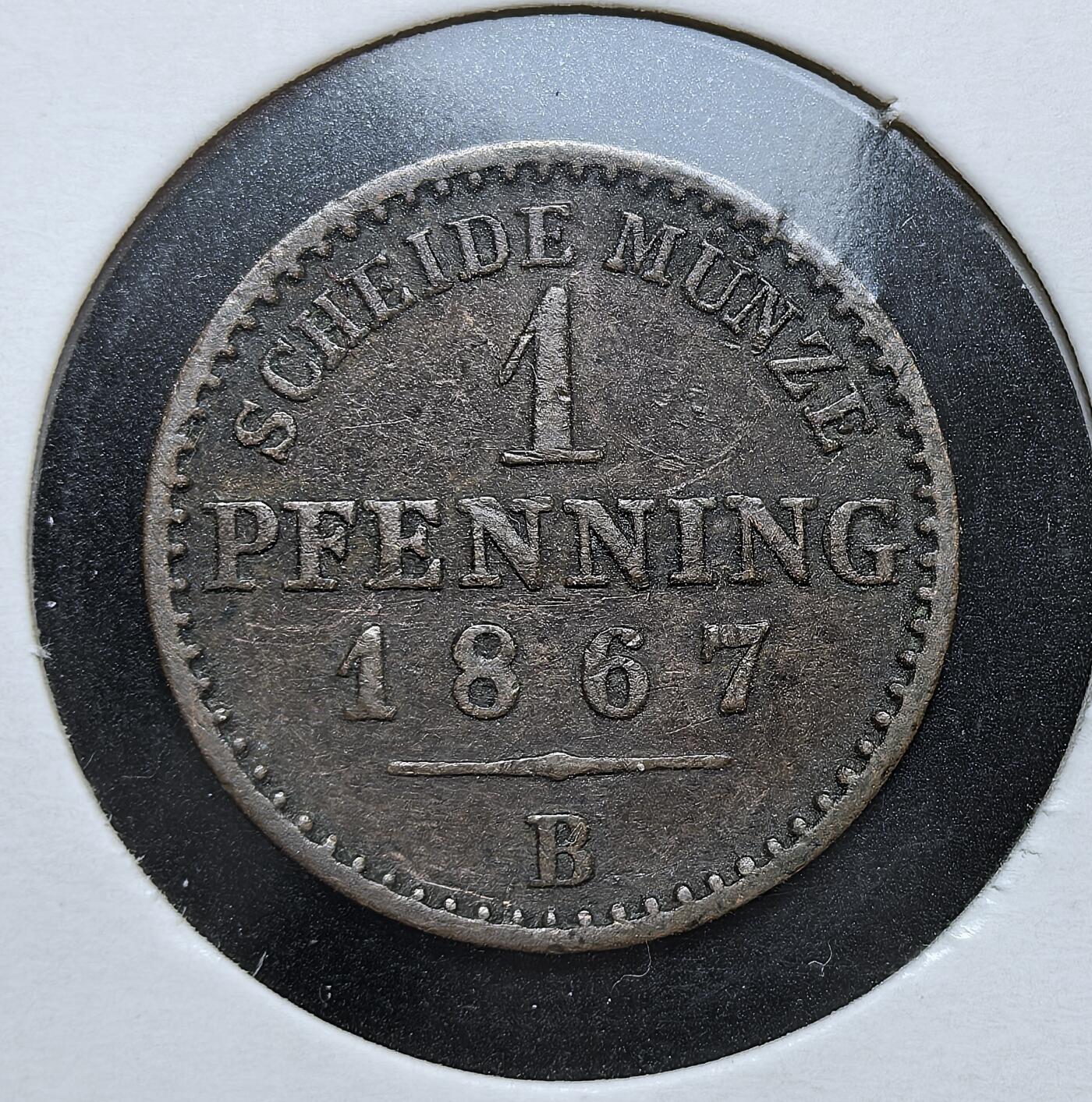 外国优质老铜币银币，正月十二晚九点倒数截拍，满百包邮可寄存，持续收拍 普鲁士1867年1 芬尼铜币，正面为普鲁士鹰徽，背面标注面值。发行于德意志统一前夕，是普鲁士主导德意志邦联、推动货币标准化的重要见证。