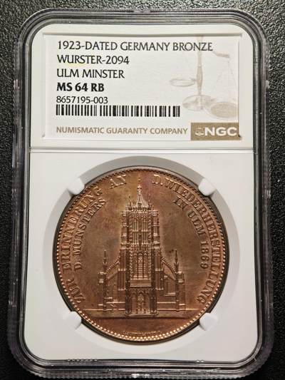 【德藏】世界币章拍卖第166期（拍品征集中~欢迎藏友联系） - 1923年 德国符腾堡乌尔姆大教堂修缮纪念铜章 NGC MS64RB