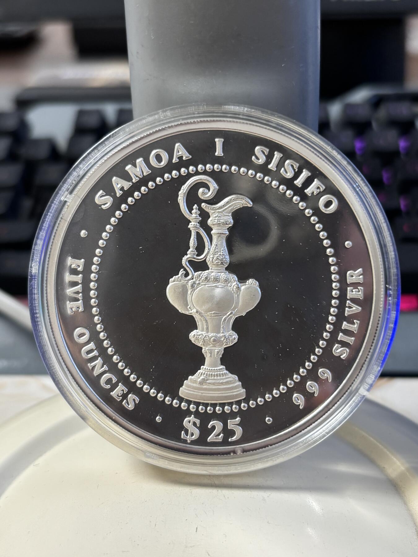 第191期拍卖 萨摩亚1987年25塔拉精制银币 美洲杯 5盎司999银 发行量：3900 盒证全（新加坡代铸）