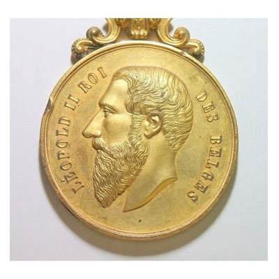 比利时1907年 利奥波德二世高浮雕精制大镀金章 带皇冠 50MM - 比利时1907年 利奥波德二世高浮雕精制大镀金章 带皇冠 50MM