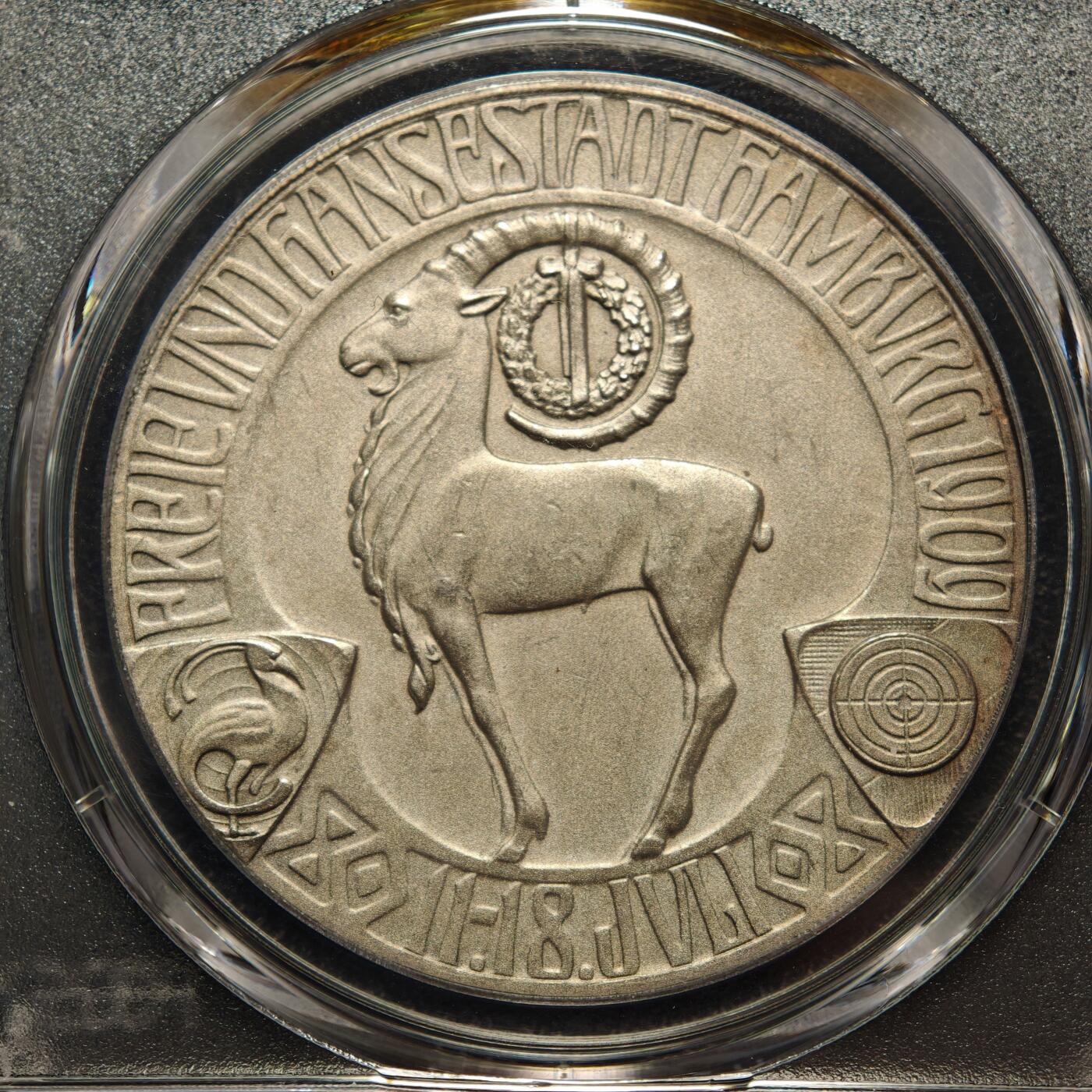 【德藏】世界币章拍卖第166期（拍品征集中~欢迎藏友联系） 1909年 德国汉堡射击节纪念银章 PCGS SP64 磨砂质感 状态极佳