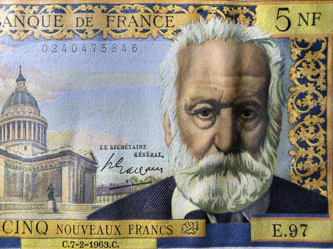 《艾美收藏》第234期-3.1周日外币精华场 法国5法郎 UNC 1963年 雨果 同号段的评了67、68分 见后续第75拍 送评时间太长 卖家不想等了