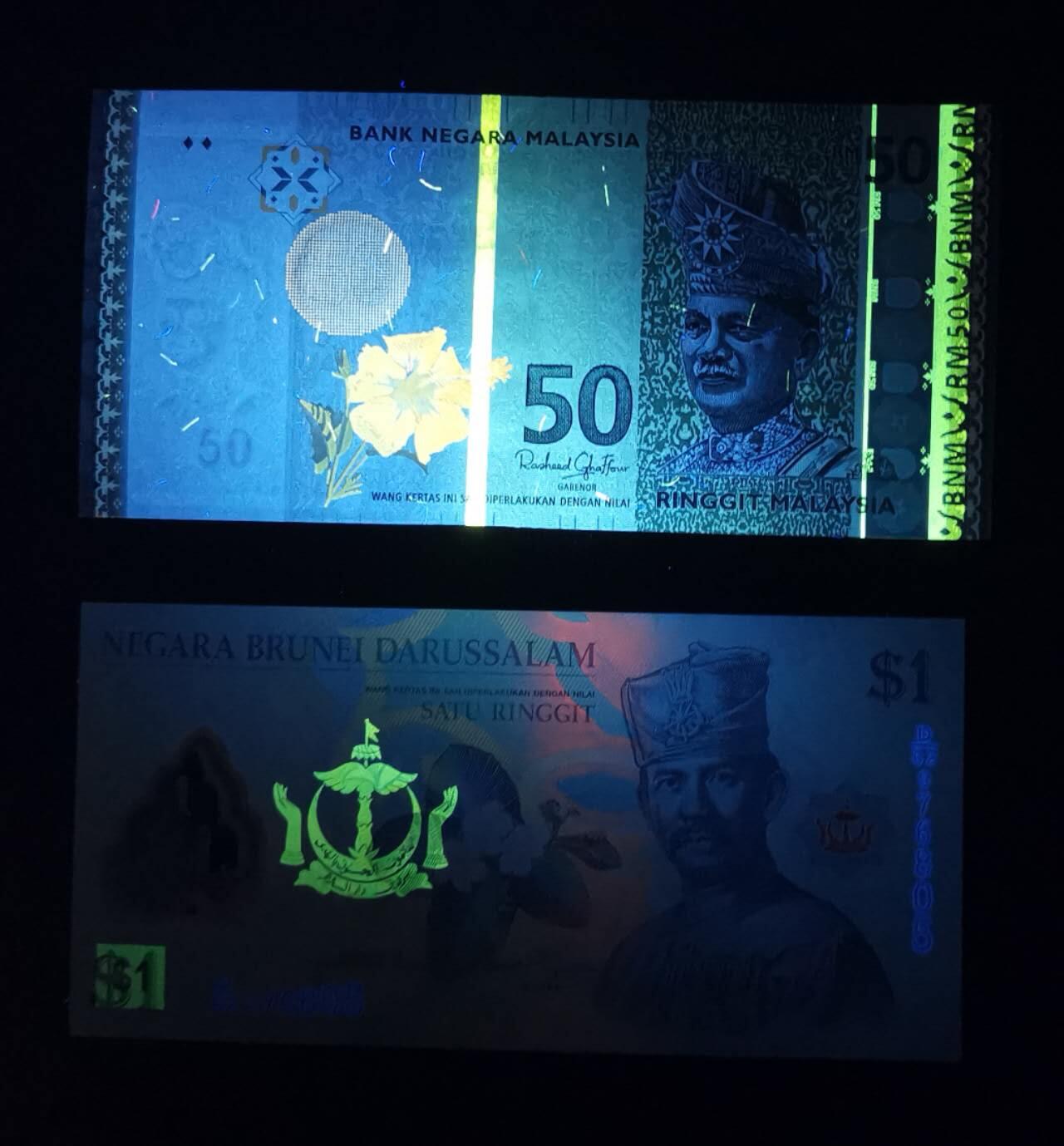 《艾美收藏》第234期-3.1周日外币精华场 (2张)马来西亚2009年50林吉特UNC无347 Pick#50d，文莱2019年1林吉特UNC无4 Pick#35d