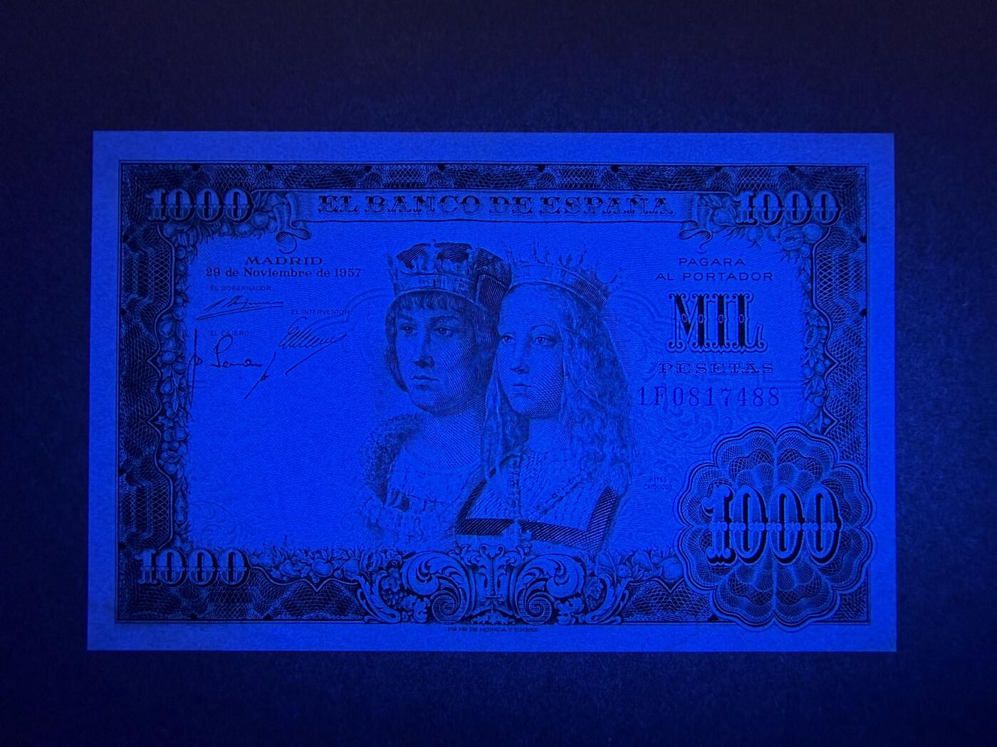 《艾美收藏》第234期-3.1周日外币精华场 西班牙1000比塞塔 UNC 1957年 双王