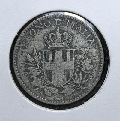 外国优质老铜币银币，正月十二晚九点倒数截拍，满百包邮可寄存，持续收拍 - 错版（在19世纪20分币模上改打）意大利王国 1919 年 20 分铜镍币，正面为萨伏依王朝纹章与国名，背面标注面值与年份。发行于一战后经济动荡期，是意大利重建货币体系、巩固君主制权威的重要见证，也反映了其战后社会转型的阵痛。