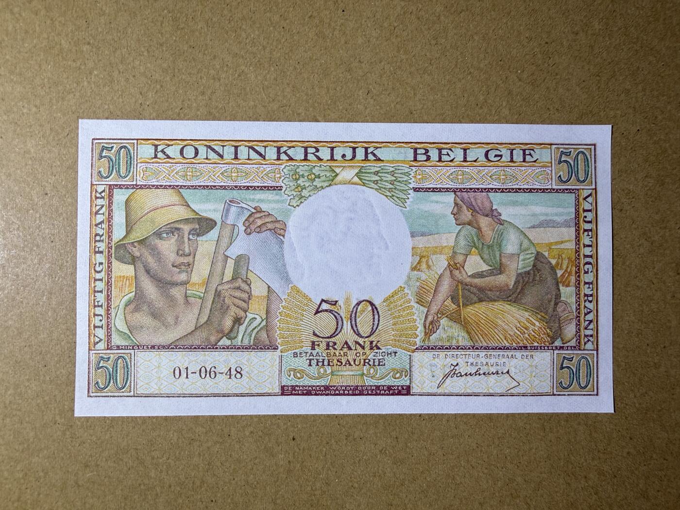 《艾美收藏》第234期-3.1周日外币精华场 比利时50法郎 UNC 1948年早期版本 无4