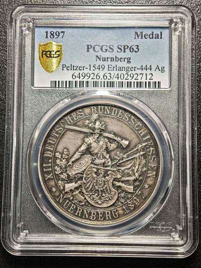 【德藏】世界币章拍卖第166期（拍品征集中~欢迎藏友联系） - 1897年 德国纽伦堡射击节城市景观纪念银章 PCGS SP63 细节极其丰富