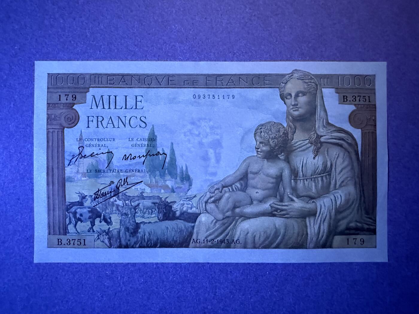 《艾美收藏》第234期-3.1周日外币精华场 法国1000法郎 UNC 1943年老版本 大票幅 无4
