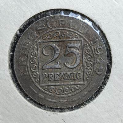 外国优质老铜币银币，正月十二晚九点倒数截拍，满百包邮可寄存，持续收拍 - 德国奥伯豪森市1919 年25 芬尼战时应急币，正面为面值与装饰纹，背面是奥伯豪森市徽。发行于一战后德国经济崩溃时期，是地方政府为缓解货币短缺、维持社会运转的临时货币，见证了魏玛共和国初期的经济危机。
