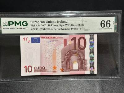 《外钞收藏家》第六百一十三期（ 精品场）（长期征集拍品、欢迎藏友们联系合作） - 2002年一签10欧元 PMG66 爱尔兰版