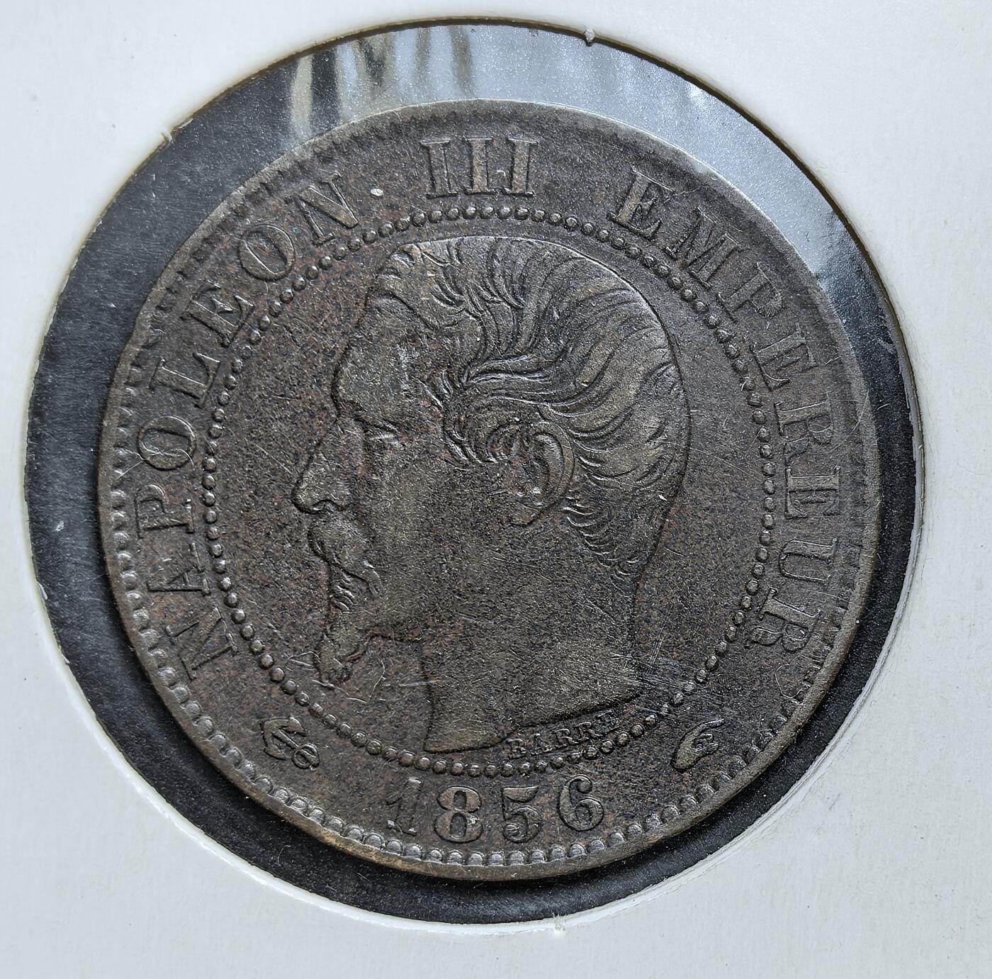 外国优质老铜币银币，正月十二晚九点倒数截拍，满百包邮可寄存，持续收拍 极美品法兰西第二帝国1856年5生丁铜币，正面为拿破仑三世头像，背面是帝国鹰徽。发行于拿破仑三世统治初期，是其巩固帝制、延续拿破仑家族象征的重要流通辅币，见证了法国从共和走向帝制的政治转型。