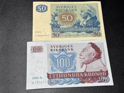 《外钞收藏家》第六百一十三期（ 精品场）（长期征集拍品、欢迎藏友们联系合作） - 瑞典1989年50克朗（老国王古斯塔夫三世+卡尔林奈）+100克朗（老国王古斯塔夫二世+瓦萨沉船事件；UNC品较少）	UNC 100疑似极轻微荧光反应